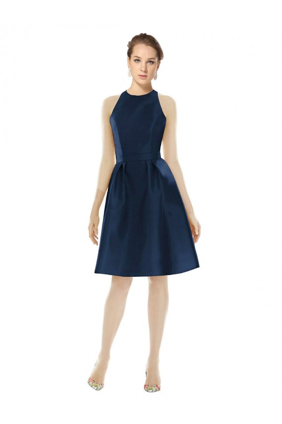 Bleu marine foncé Trapèze Licou Satiné Courte Robes demoiselle d'honneur / Robes de cocktail à Vendre