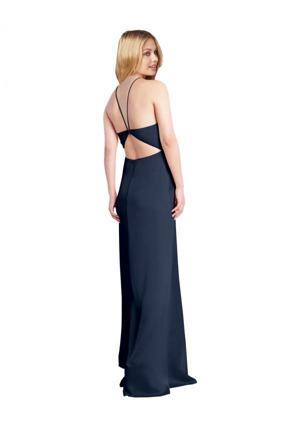 Bleu marine foncé Trapèze Licou Satiné Stretch Longue Formelles Robes demoiselle d'honneur / Robes de soirée / Robes de bal à Vendre