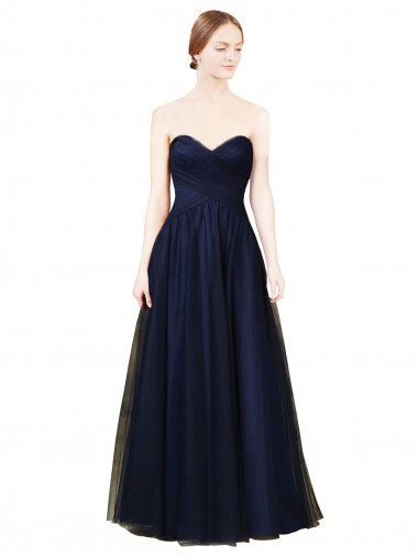 Bleu marine foncé Trapèze Sans bretelle Tulle Longue Robes demoiselle d'honneur à Vendre