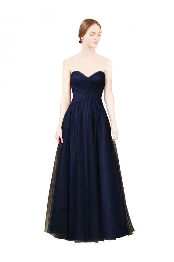 Bleu marine foncé Trapèze Sans bretelle Tulle Longue Robes demoiselle d'honneur à Vendre