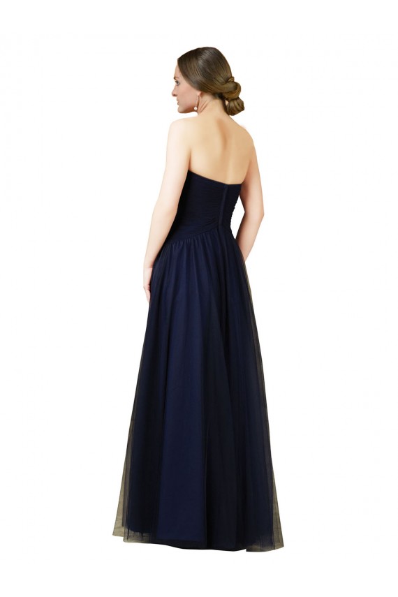 Bleu marine foncé Trapèze Sans bretelle Tulle Longue Robes demoiselle d'honneur à Vendre