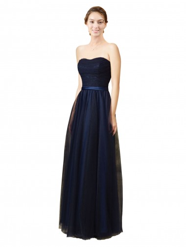 Bleu marine foncé Trapèze Sans bretelle Tulle Longue Robes demoiselle d'honneur à Vendre
