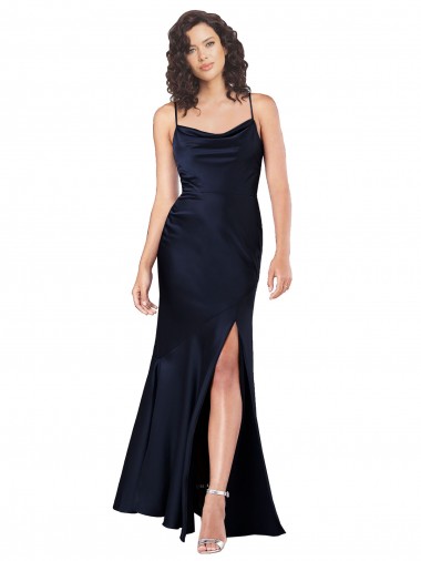 Bleu marine foncé Trapèze Satiné Soyeux Longue Formelles Robes demoiselle d'honneur / Robes de soirée / Robes de bal à Vendre