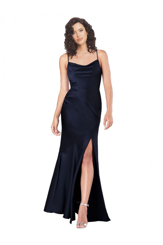 Bleu marine foncé Trapèze Satiné Soyeux Longue Formelles Robes demoiselle d'honneur / Robes de soirée / Robes de bal à Vendre