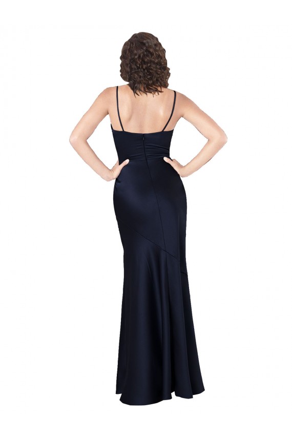 Bleu marine foncé Trapèze Satiné Soyeux Longue Formelles Robes demoiselle d'honneur / Robes de soirée / Robes de bal à Vendre