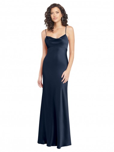 Bleu marine foncé Trapèze Satiné Stretch Longue Formelles Robes demoiselle d'honneur / Robes de soirée / Robes de bal à Vendre