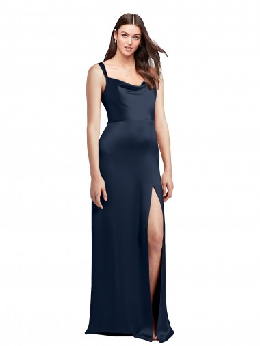 Bleu marine foncé Trapèze Satiné Stretch Longue Formelles Robes demoiselle d'honneur / Robes de soirée / Robes de bal à Vendre