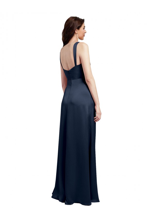 Bleu marine foncé Trapèze Satiné Stretch Longue Formelles Robes demoiselle d'honneur / Robes de soirée / Robes de bal à Vendre