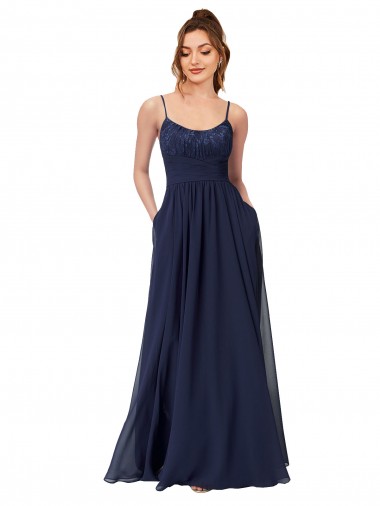 Bleu marine foncé Trapèze Scoop Mousseline Dentelle Longue Robes demoiselle d'honneur à Vendre
