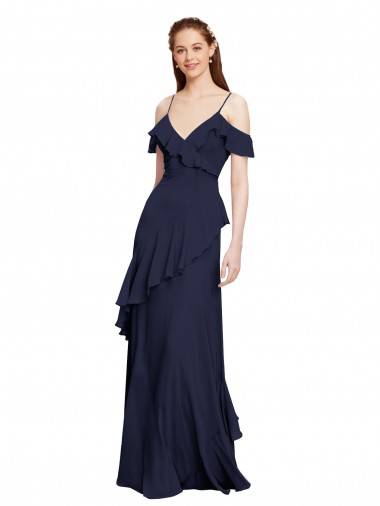 Bleu marine foncé Trapèze Épaule Dénudée Bretelles spaghetti Mousseline Longue Robes demoiselle d'honneur à Vendre
