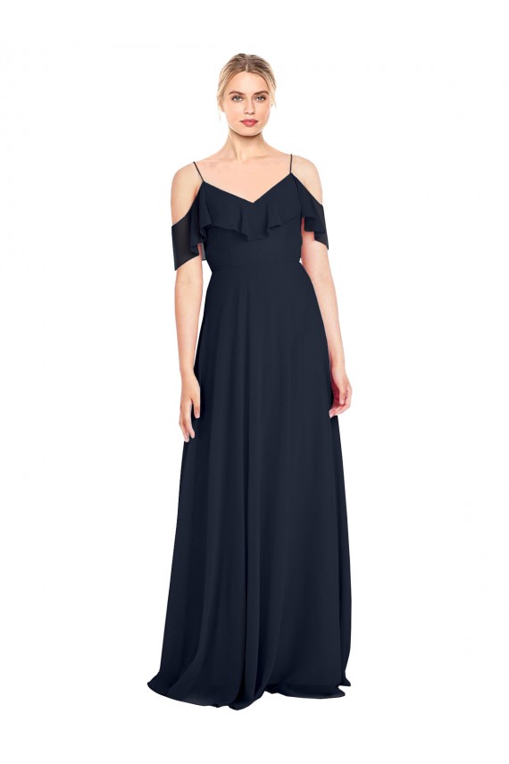 Bleu marine foncé Trapèze Épaule Dénudée Bretelles spaghetti Mousseline Longue Robes demoiselle d'honneur à Vendre