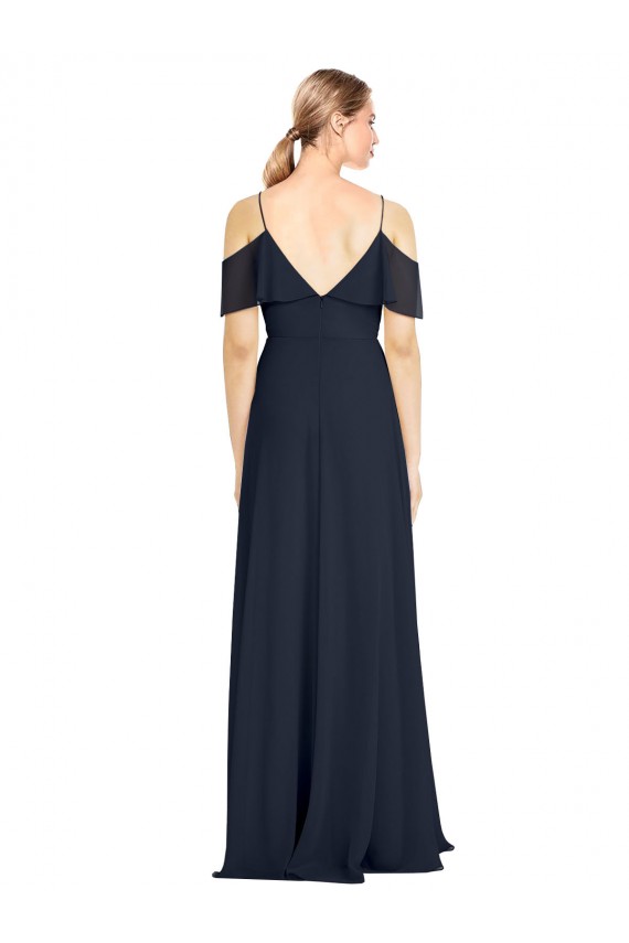Bleu marine foncé Trapèze Épaule Dénudée Bretelles spaghetti Mousseline Longue Robes demoiselle d'honneur à Vendre