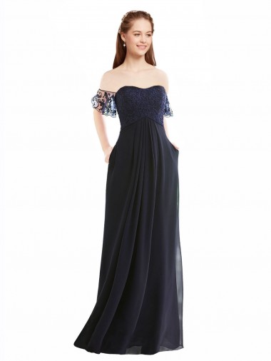 Bleu marine foncé Trapèze Épaule Dénudée Col V Mousseline Dentelle Longue Robes demoiselle d'honneur à Vendre