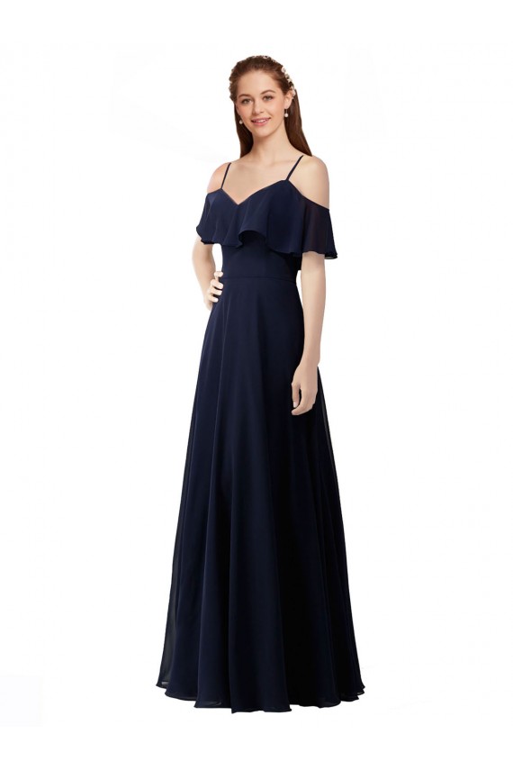 Bleu marine foncé Trapèze Épaule Dénudée Col V Mousseline Longue Robes demoiselle d'honneur à Vendre