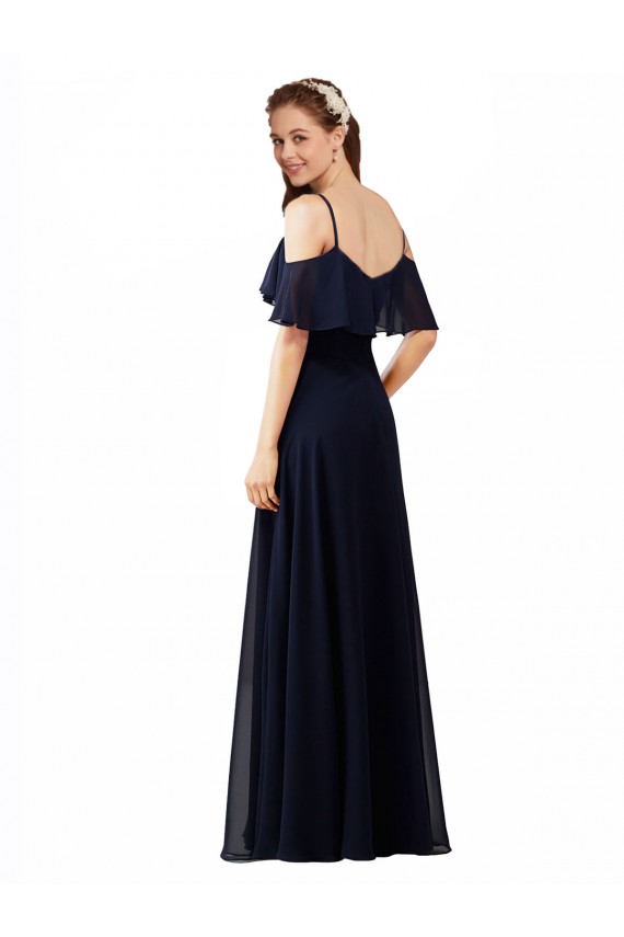 Bleu marine foncé Trapèze Épaule Dénudée Col V Mousseline Longue Robes demoiselle d'honneur à Vendre