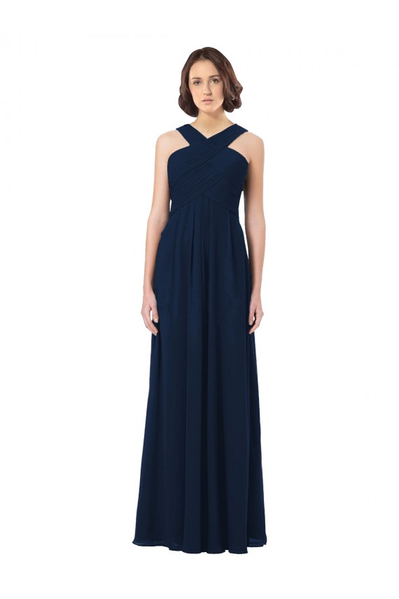 Bleu marine foncé Trapèze Épaule Dénudée Mousseline Longue Robes demoiselle d'honneur à Vendre