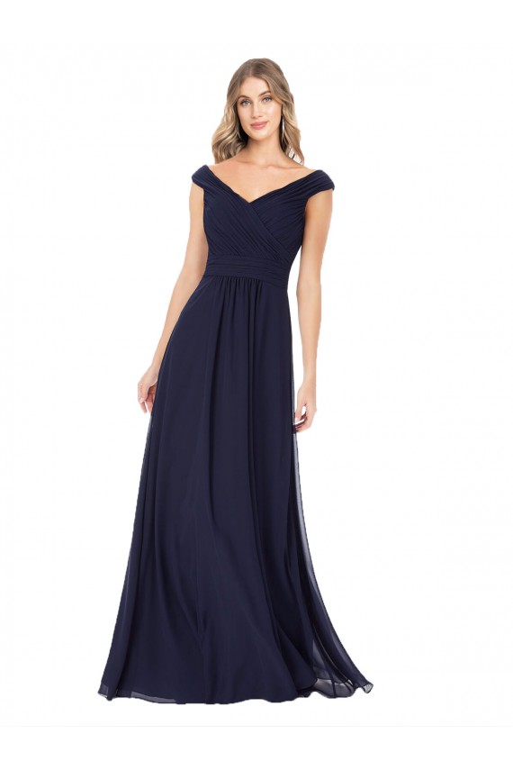 Bleu marine foncé Trapèze Épaule Dénudée Mousseline Longue Robes demoiselle d'honneur à Vendre