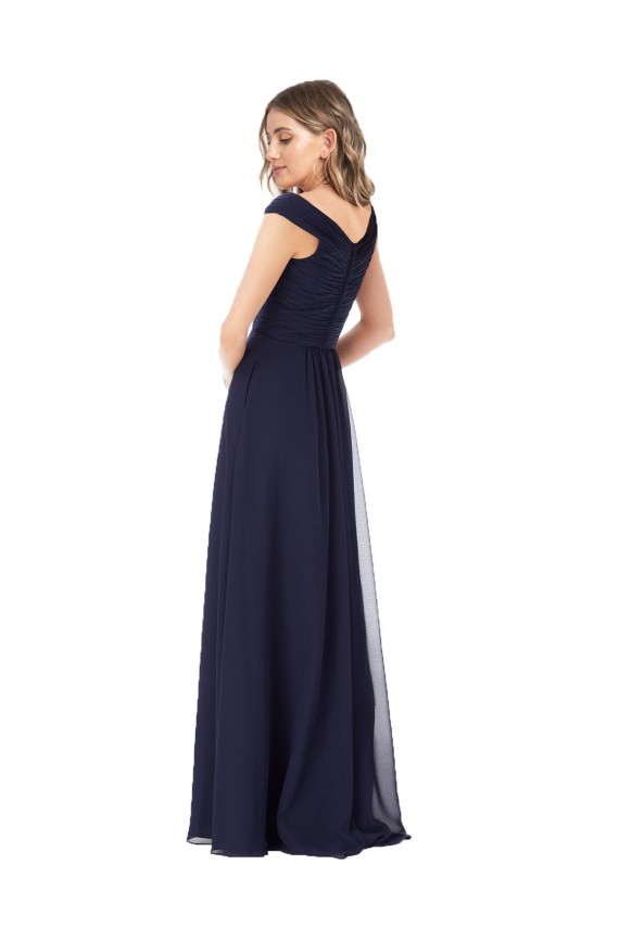 Bleu marine foncé Trapèze Épaule Dénudée Mousseline Longue Robes demoiselle d'honneur à Vendre