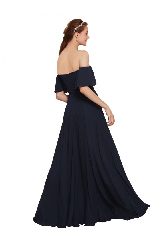 Bleu marine foncé Trapèze Épaule Dénudée Mousseline Longue Robes demoiselle d'honneur / Robes de bal à Vendre