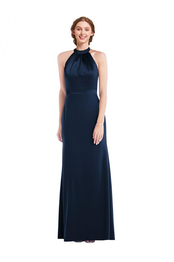 Bleu marine foncé Trompette Col Haut Crêpe Stretch Longue Robes demoiselle d'honneur / Robes de bal à Vendre