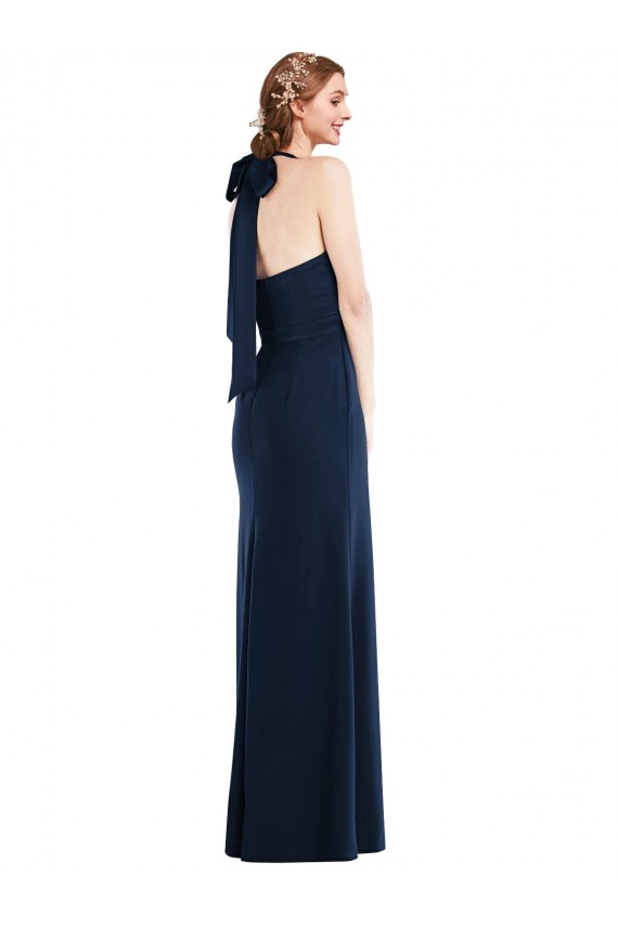 Bleu marine foncé Trompette Col Haut Crêpe Stretch Longue Robes demoiselle d'honneur / Robes de bal à Vendre