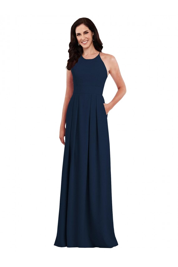 Bleu marine foncé Trompette Licou Crêpe Stretch Longue Robes demoiselle d'honneur à Vendre