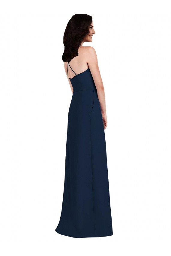 Bleu marine foncé Trompette Licou Crêpe Stretch Longue Robes demoiselle d'honneur à Vendre