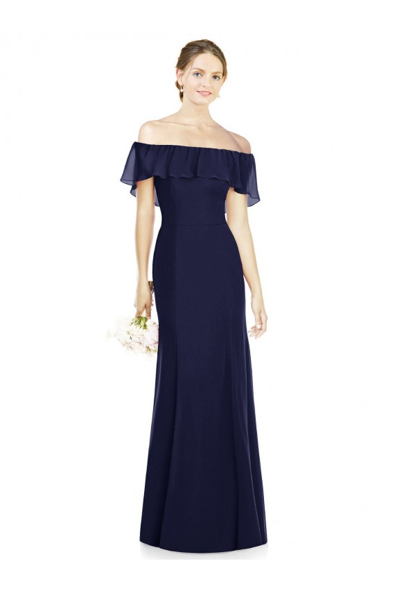 Bleu marine foncé Trompette Épaule Dénudée Mousseline Longue Robes demoiselle d'honneur à Vendre