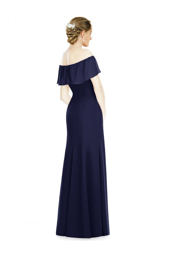 Bleu marine foncé Trompette Épaule Dénudée Mousseline Longue Robes demoiselle d'honneur à Vendre