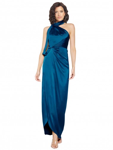 Bleu paon Fourreau Licou Col Haut Satiné Soyeux Longue Formelles Robes demoiselle d'honneur / Robes de soirée / Robes de bal à Vendre