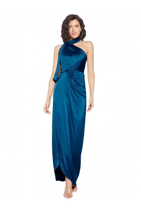 Bleu paon Fourreau Licou Col Haut Satiné Soyeux Longue Formelles Robes demoiselle d'honneur / Robes de soirée / Robes de bal à Vendre