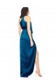 Bleu paon Fourreau Licou Col Haut Satiné Soyeux Longue Formelles Robes demoiselle d'honneur / Robes de soirée / Robes de bal à Vendre