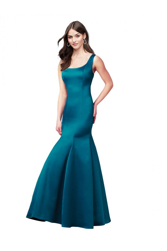 Bleu paon Sirène Bateau Satiné Longue Robes demoiselle d'honneur / Robes de bal à Vendre