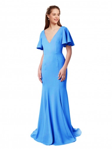 Bleu paon Sirène Col V Balayage train Crêpe Stretch Longue Robes demoiselle d'honneur / Robes de bal à Vendre