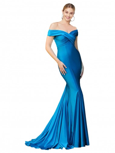 Bleu paon Sirène Épaule Dénudée Satiné Longue Formelles Robes demoiselle d'honneur / Robes de soirée / Robes de bal à Vendre