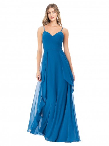 Bleu paon Trapèze Bretelles spaghetti Mousseline Longue Robes demoiselle d'honneur à Vendre