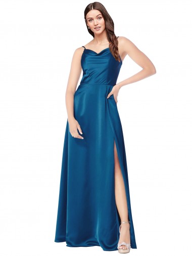 Bleu paon Trapèze Bretelles spaghetti Satiné Soyeux Longue Formelles Robes demoiselle d'honneur / Robes de soirée / Robes de bal à Vendre