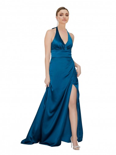 Bleu paon Trapèze Licou Satiné Soyeux Longue Formelles Robes demoiselle d'honneur / Robes de soirée / Robes de bal à Vendre