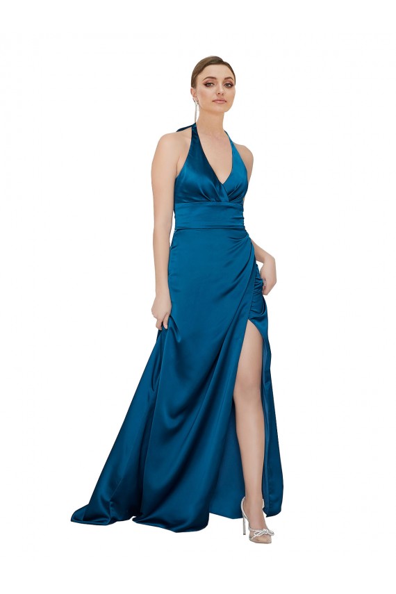 Bleu paon Trapèze Licou Satiné Soyeux Longue Formelles Robes demoiselle d'honneur / Robes de soirée / Robes de bal à Vendre