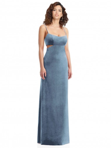 Bleu poussiéreux Fourreau Col Carré Velours Stretch Longue Formelles Robes demoiselle d'honneur / Robes de soirée / Robes de bal à Vendre
