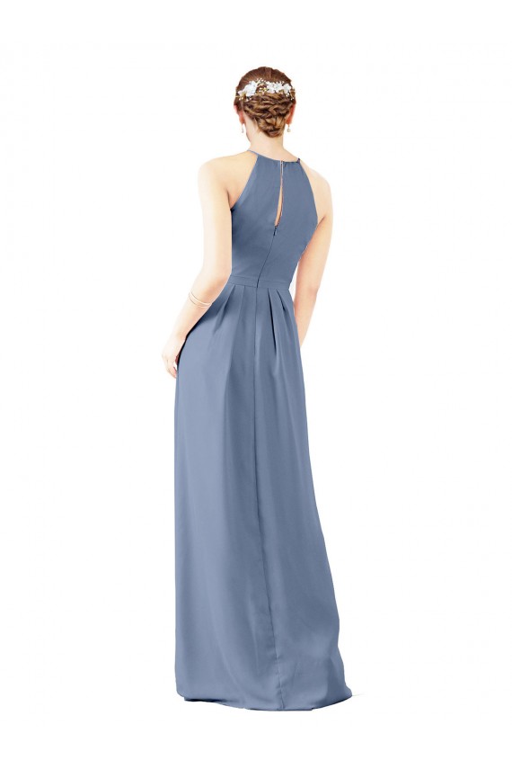 Bleu poussiéreux Fourreau Licou Col Haut Mousseline Longue Robes demoiselle d'honneur à Vendre