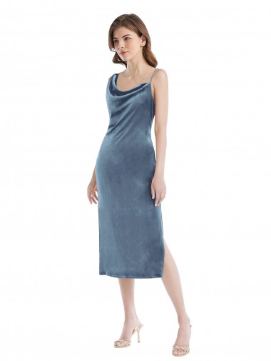 Bleu poussiéreux Fourreau Velours Stretch Longue Robes demoiselle d'honneur / Robes de bal à Vendre