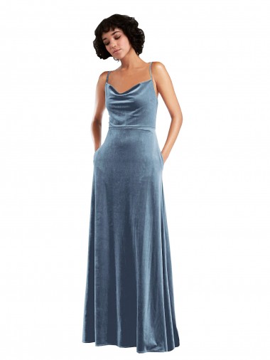 Bleu poussiéreux Fourreau Velours Stretch Longue Robes demoiselle d'honneur / Robes de bal à Vendre