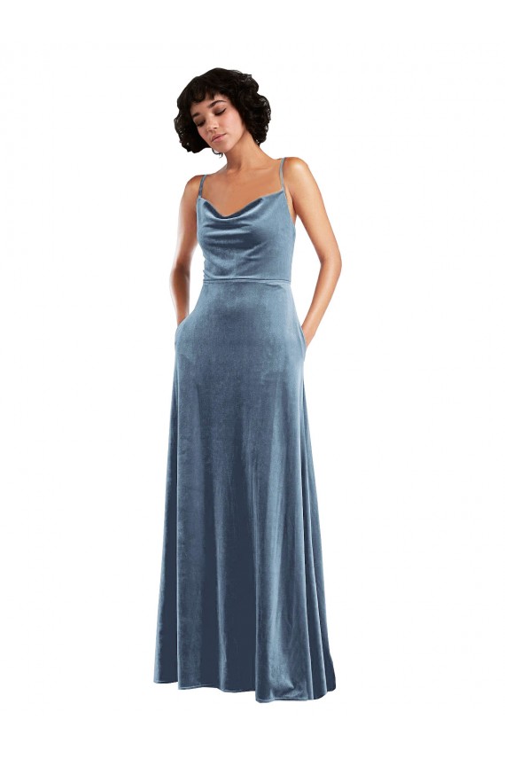 Bleu poussiéreux Fourreau Velours Stretch Longue Robes demoiselle d'honneur / Robes de bal à Vendre