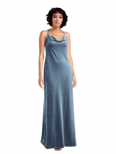 Bleu poussiéreux Fourreau Velours Stretch Longue Robes demoiselle d'honneur / Robes de bal à Vendre