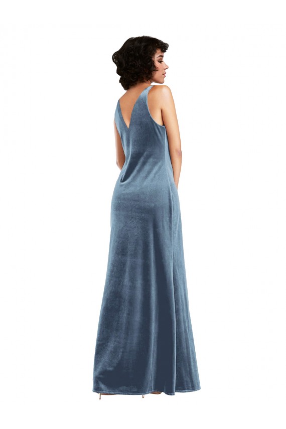 Bleu poussiéreux Fourreau Velours Stretch Longue Robes demoiselle d'honneur / Robes de bal à Vendre
