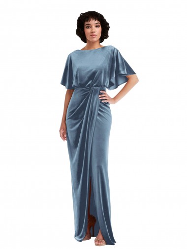 Bleu poussiéreux Fourreau Velours Stretch Longue Robes demoiselle d'honneur / Robes de bal à Vendre