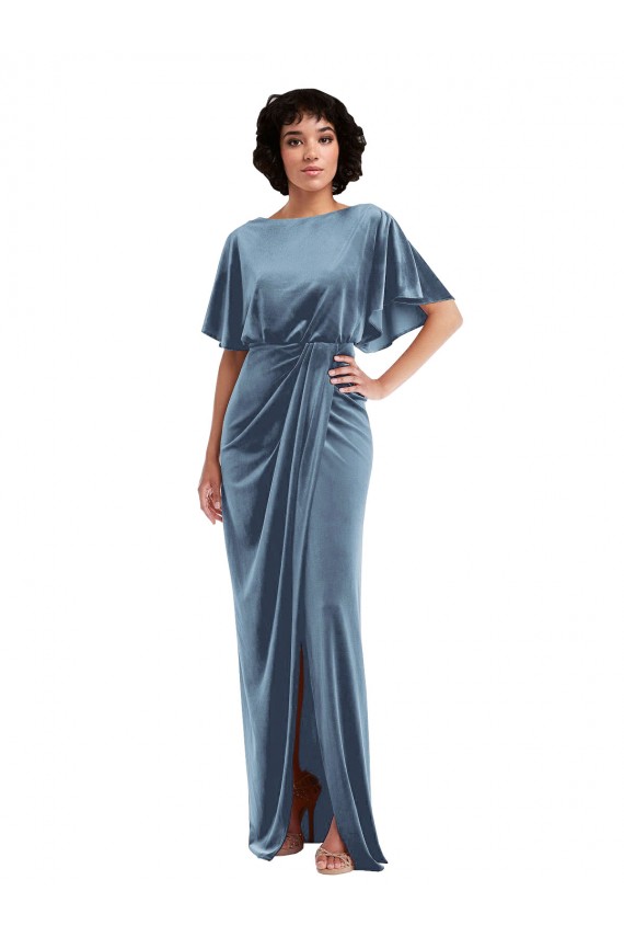 Bleu poussiéreux Fourreau Velours Stretch Longue Robes demoiselle d'honneur / Robes de bal à Vendre