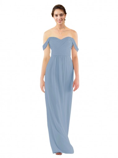 Bleu poussiéreux Fourreau Épaule Dénudée Mousseline Longue Robes demoiselle d'honneur à Vendre