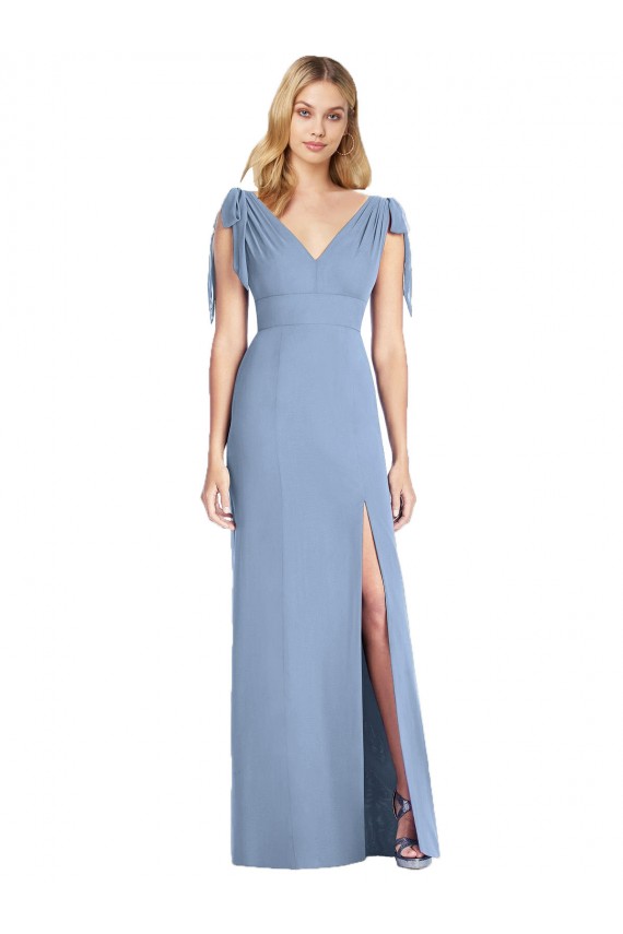 Bleu poussiéreux Sirène Col V Mousseline Longue Robes demoiselle d'honneur à Vendre